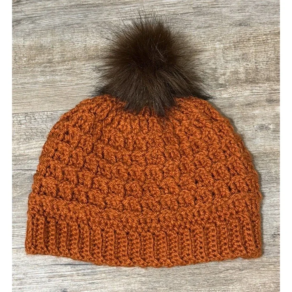 New Hand Crocheted Waffle Orange Acrylic Faux Fur Pom Pom Beanie Hat Women